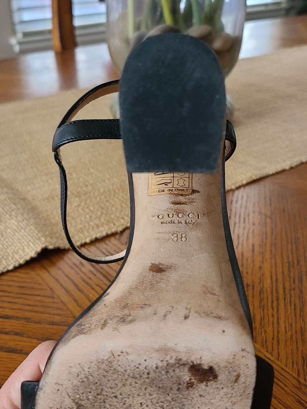 Gucci Black Leather Block Heel Sandals with Gold Horsebit - Picture 6 of 10